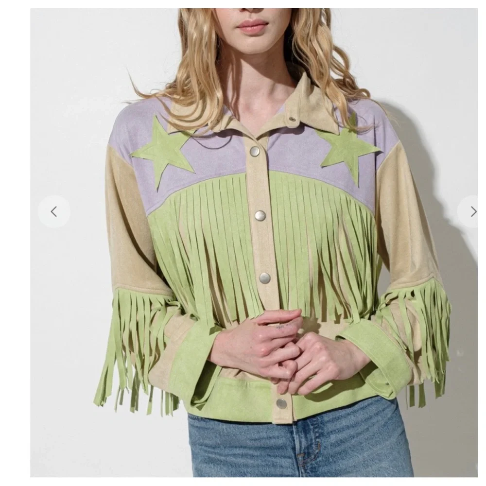 11 Multi Fabric Basic Collared Fringe Jacket
-Multi fabric - Picture 5 of 5